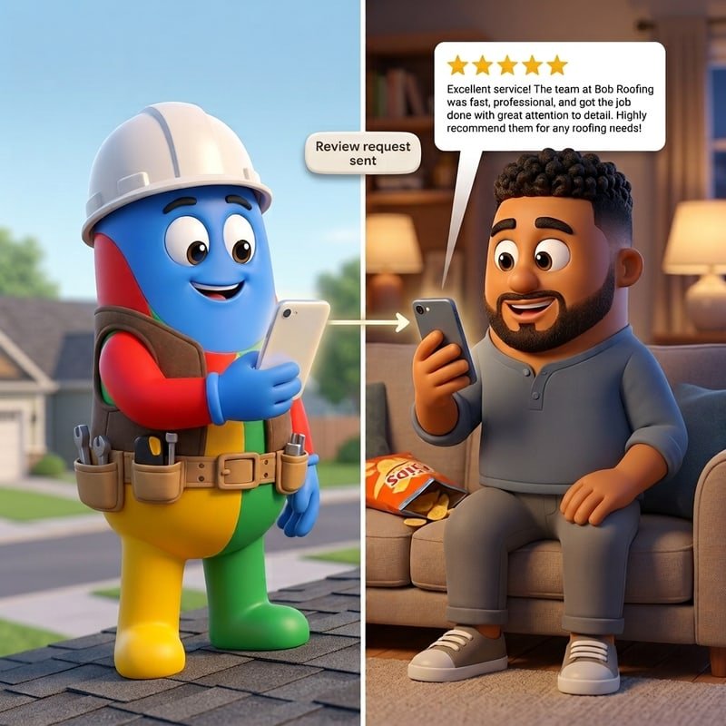 Split scene: the Roofer SEO Co. mascot on a rooftop sending a review request from his phone, and a homeowner on his couch receiving it and leaving a five-star review
