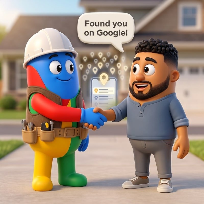 Roofer SEO Co. mascot shaking hands with a homeowner on his driveway, a speech bubble reading 'Found you on Google!' and a phone showing local map results between them