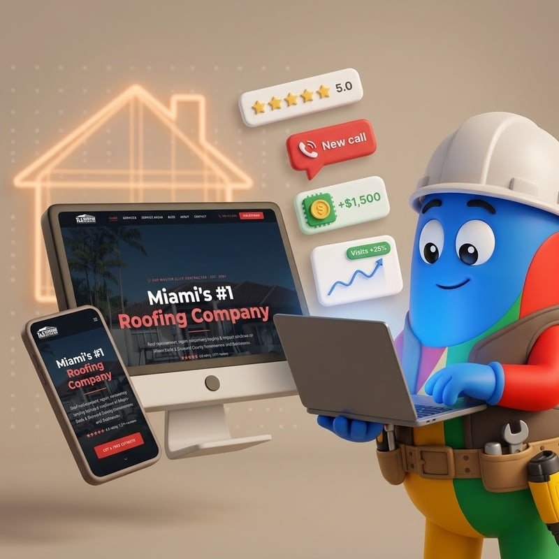 Roofer SEO Co. mascot holding a laptop beside a roofing website shown on desktop and mobile, with traffic, revenue, call and review notifications